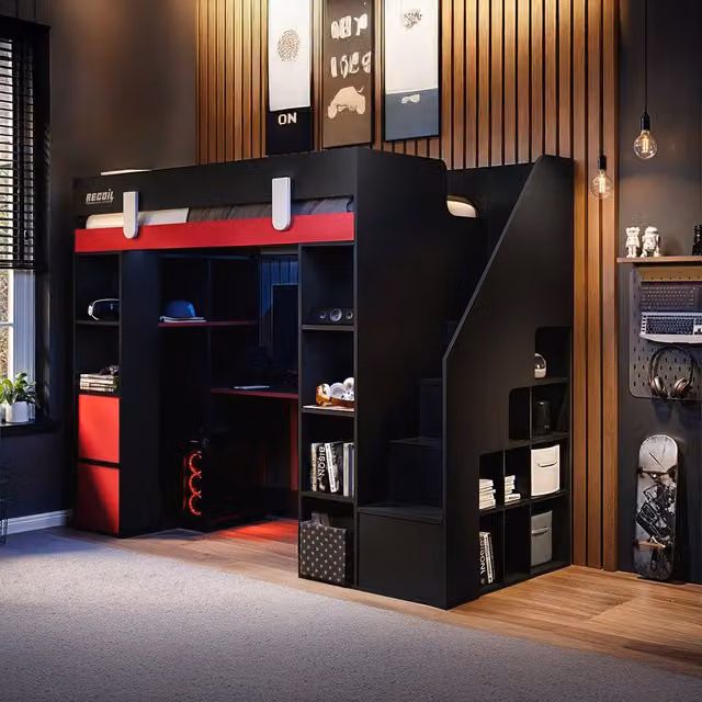 Flair Blaze Gaming High Sleeper Single Bed in Black and Red with Under-Bed Lighting and Stairs