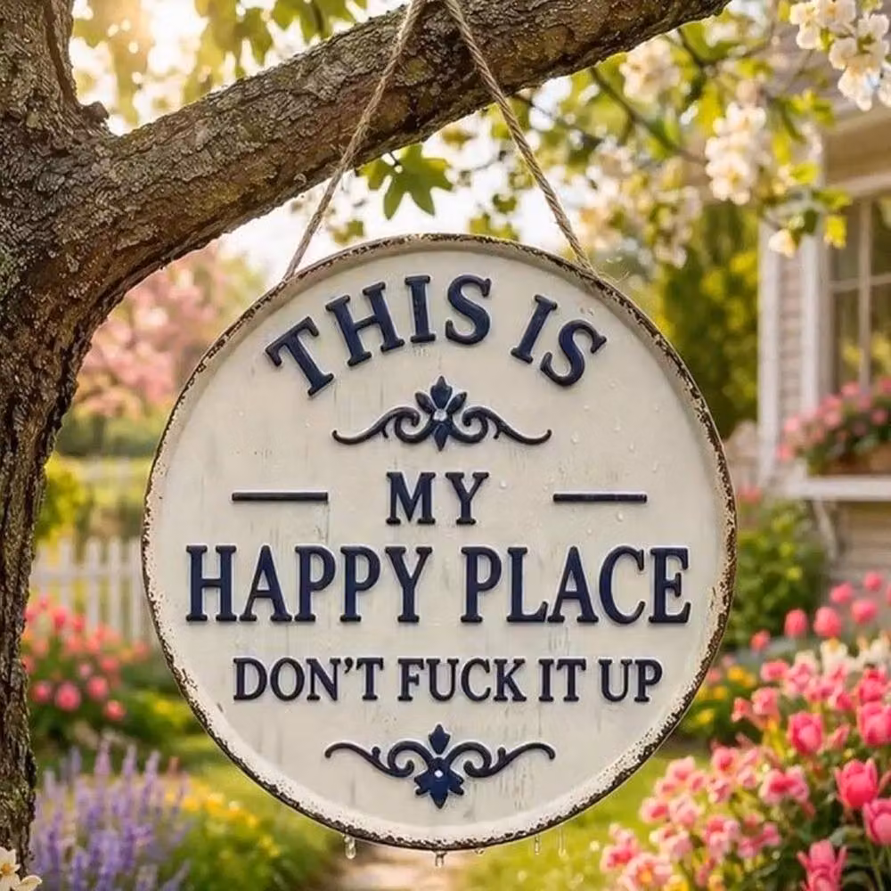 FLAVORA Happy Place Welcome Garden Sign, Round Metal Wall Decor in White, Diameter: 20 cm – 3