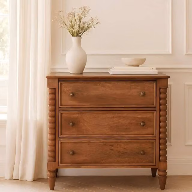 STILVORA Classic Oak Chest of Drawers with 3 Drawers and Spindle Legs in Brown – 1