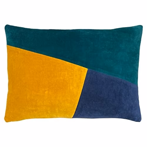 Riva Home Modern Graphic Rectangular Velvet and Cotton Cushion in Green, Yellow and Blue, W/D/H: 40 x 40 x 40 cm