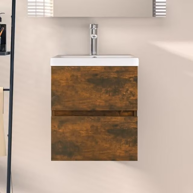 Berkfield Home Smoked Oak Wall Mounted Sink Cabinet in Brown, W/D/H: 41 x 38.5 x 45 cm – 1