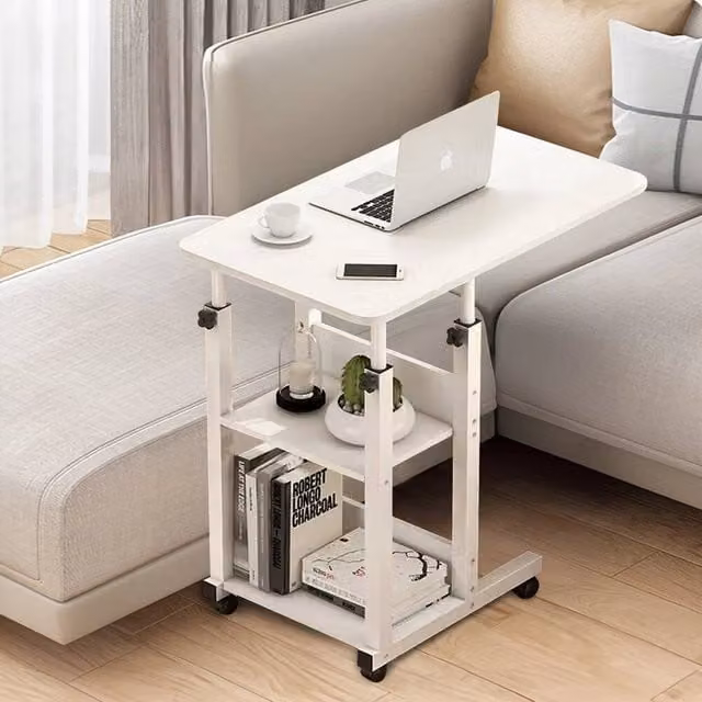FORGEVIO White Height Adjustable Mobile Over Bed Chair Table with Castors