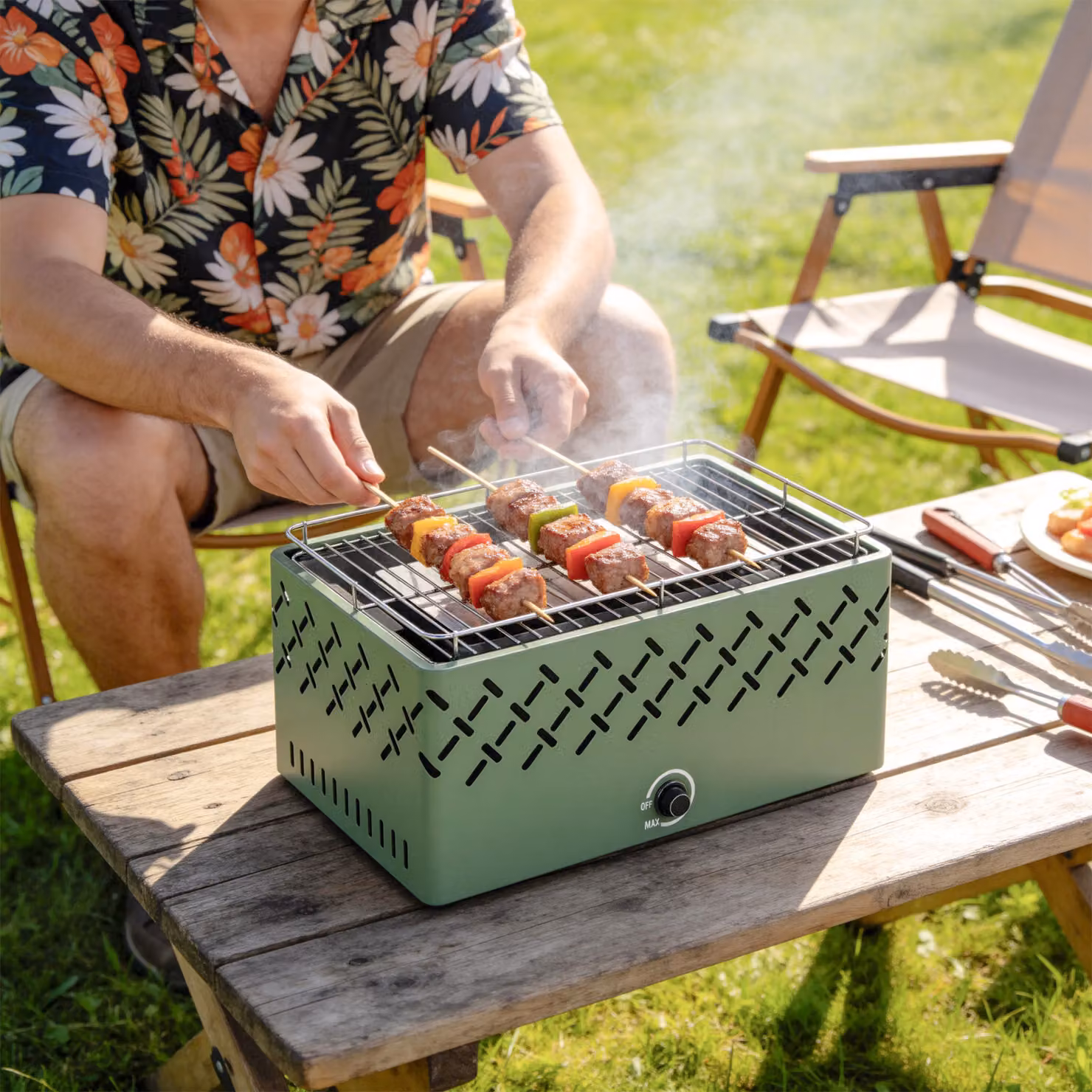Outsunny Portable Charcoal Tabletop BBQ Grill with Built-in Fan, Green – 2