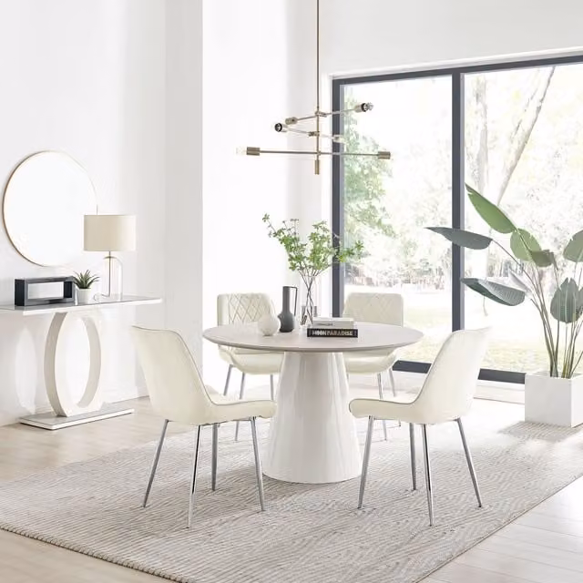 Furniturebox Palma Beige Stone Effect Round Dining Table and 4 Pesaro Silver Chairs in Cream