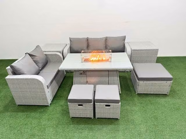 Fimous 8 Seater Grey PE Rattan Wicker Garden Furniture Set with Firepit Dining Table, 3 Seater Sofa, Love Seat, 3 Stools and 2 Side Tables
