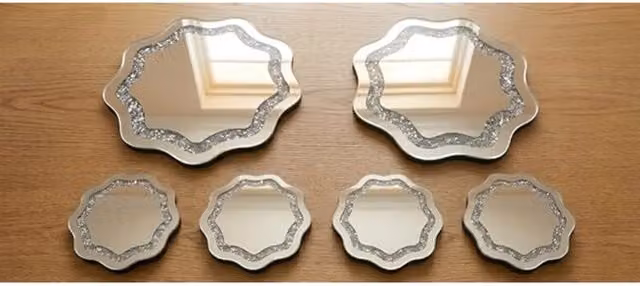 DEENZ Silver Glass Crushed Crystal Jewel Wavy Coaster and Placemat Set, 4x Coasters and 2x Placemats – 1