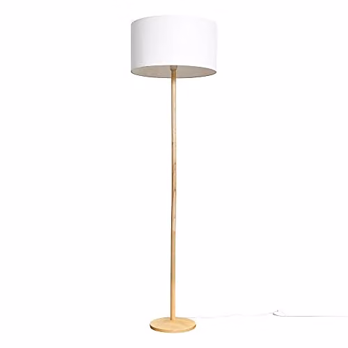 ValueLights Triston Modern Natural Wood Floor Lamp with White Fabric Cylinder Shade in Brown