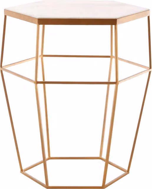 Orsina Hexagonal Marble Top Side Table with Gold Metal Frame, White and Gold