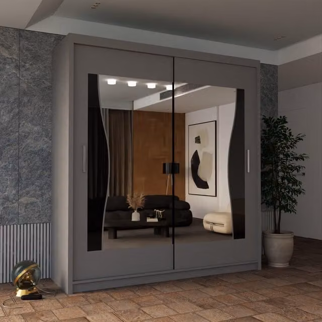 Sliding Wardrobes 4U Curved Mirror Sliding Door Wardrobe in Grey, W/H: 203 x 217 cm