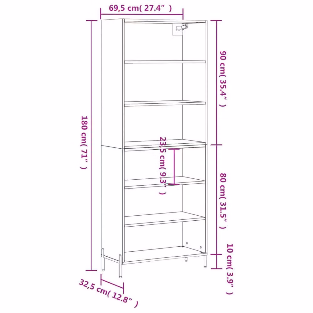 Berkfield Home Modern Black Highboard with Internal Shelves, W/D/H: 69.5 x 32.5 x 180 cm – 6