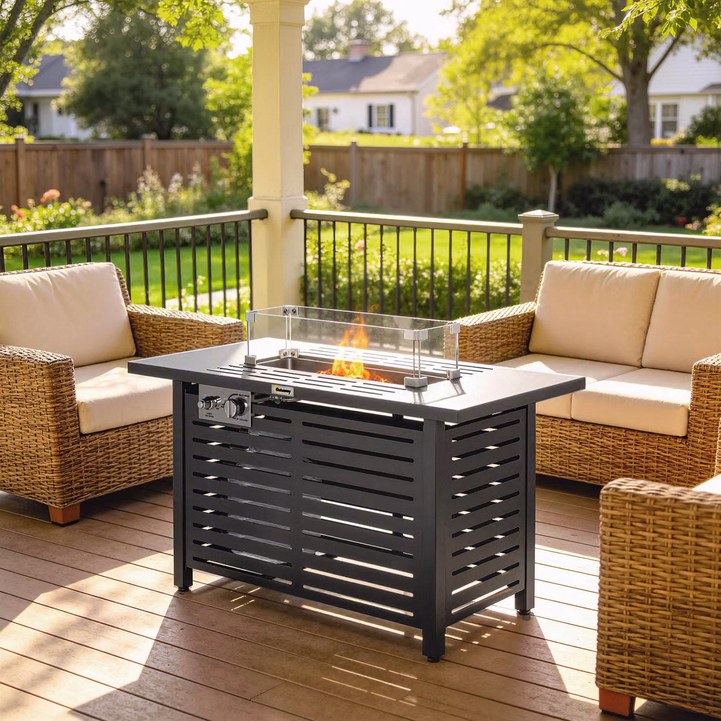 Outsunny Propane Gas Fire Pit Table in Black with 43 inch Steel Tabletop, 50,000 BTU Pulse Ignition, Stainless Steel Burner, Glass Wind Guard and Cover – 7