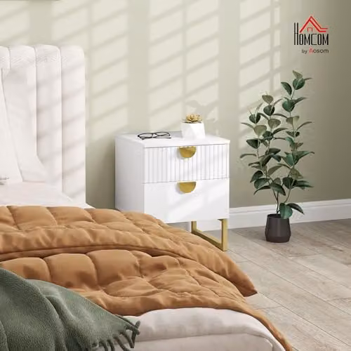 HOMCOM White and Gold Bedside Table with 2 Drawers for your Bedroom – 2