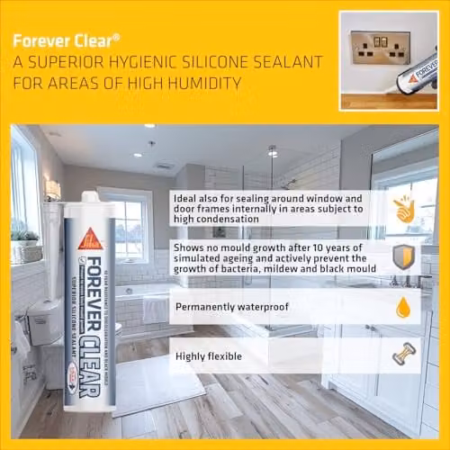 Sika Forever Clear Mould Resistant Silicone Sealant, Transparent or White, 295ml – 3
