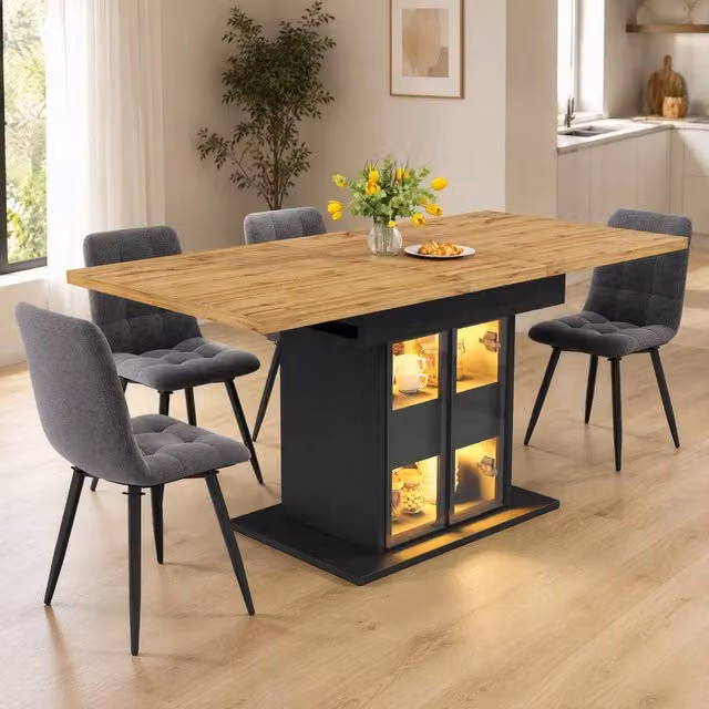 STILVORA Extendable Rectangular Dining Table with Storage and LED Lighting in Black