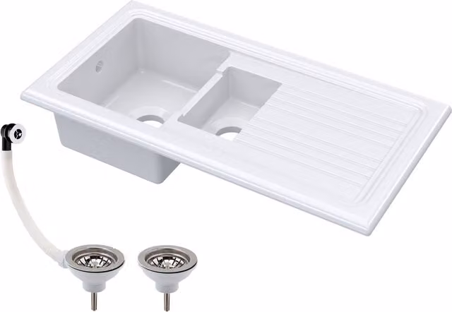 Balterley 1.5 Bowl Inset Fireclay Kitchen Sink and Wastes, White, W: 101.0 cm, D: 52.5 cm