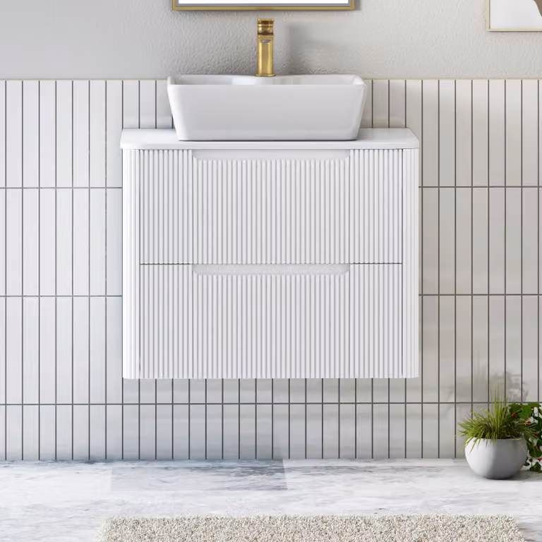 Royal Bathrooms Avenza Matt White Wall Hung Vanity Unit with 2 Drawers and Cube Basin, Width: 80 cm