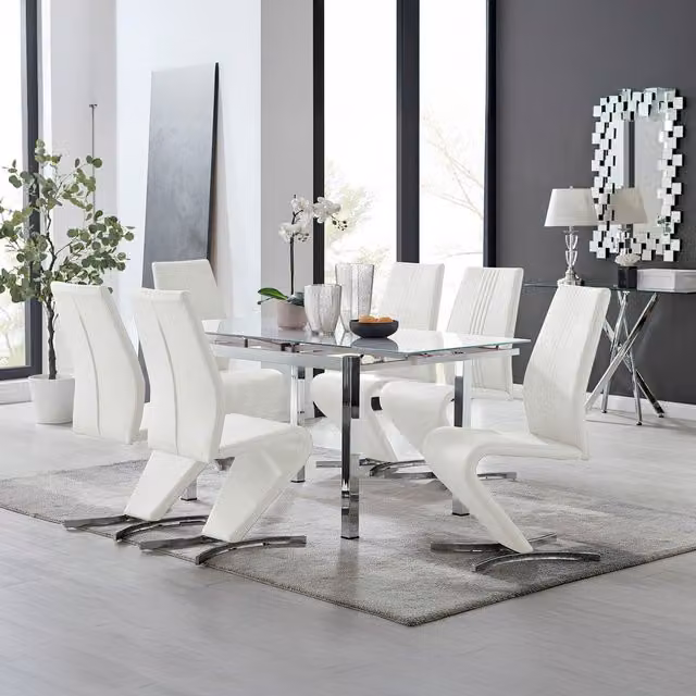 Furniturebox Enna White Glossy Glass Extending Dining Table and 6 Willow Faux Leather Chairs