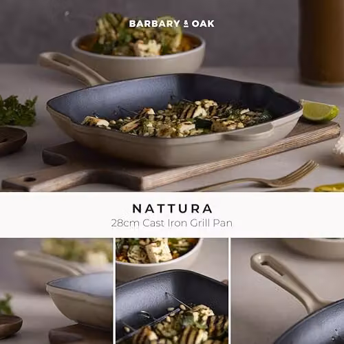 Barbary & Oak Nattura Cast Iron Grill Pan with Enamel Interior, Cashmere, 28 cm – 2