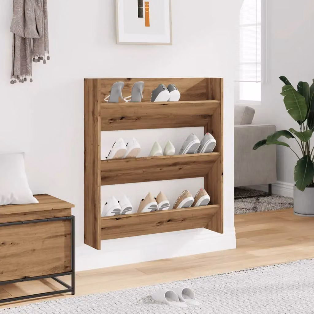 Berkfield Home Artisan Oak Wall Mounted Shoe Cabinet in Brown, W/D/H: 80 x 18 x 90 cm – 3