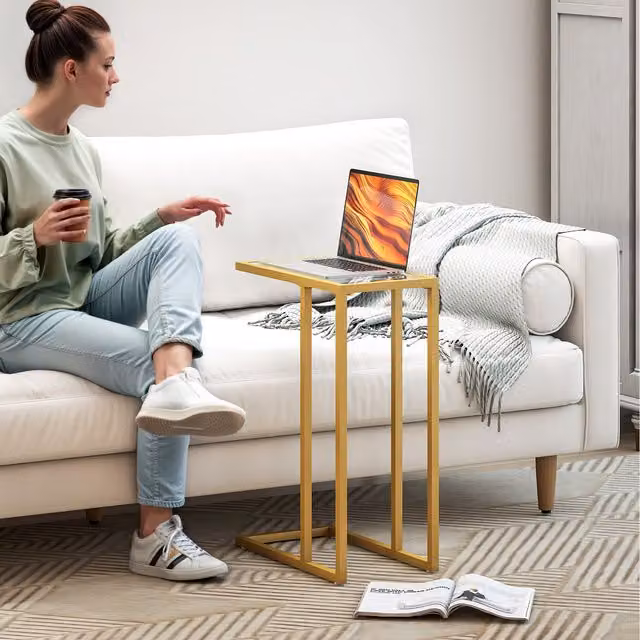 HOMCOM C-Shaped Side Table with Tempered Glass Tabletop in Gold