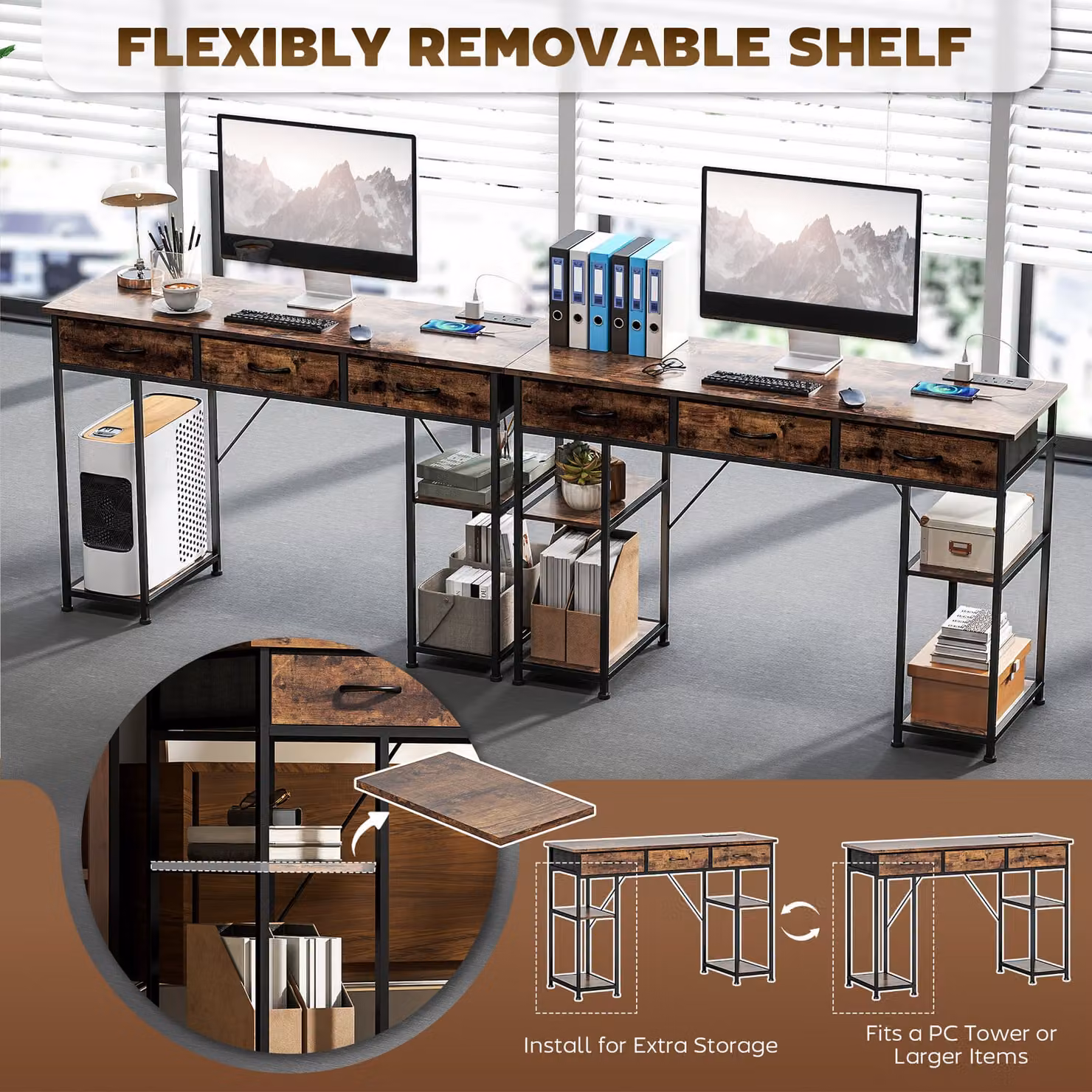 HOMCOM Rustic Brown Computer Desk with Power Outlets and Storage Shelves, 120 cm Width – 5
