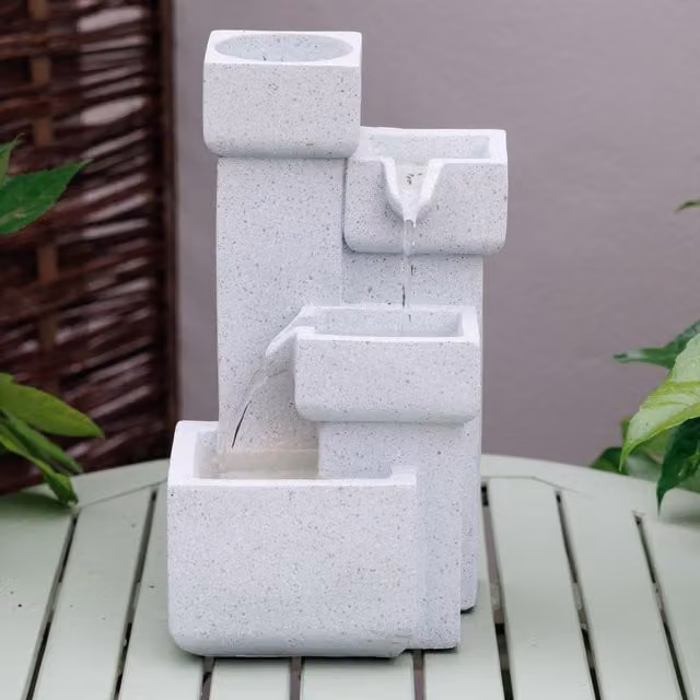 Primrose Modern Cascading Tabletop Water Feature with LED Lights in White – 1
