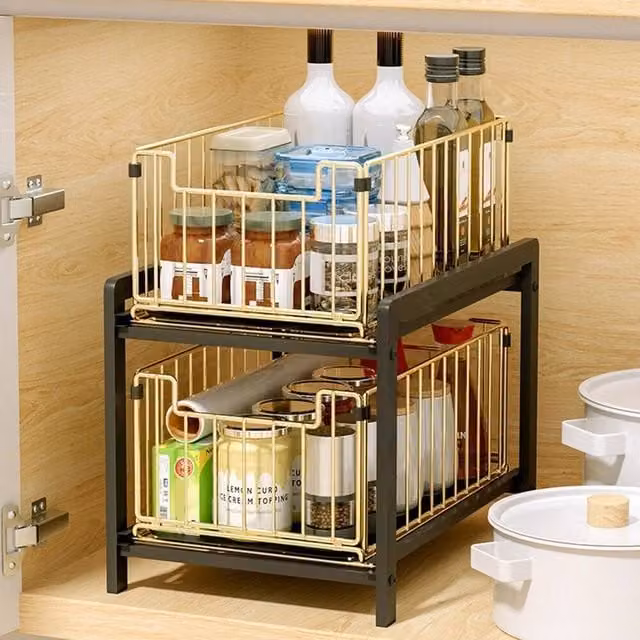 EONLION Black Frame and Gold Metal Pull Out Basket Storage Rack, W: 50 cm – 1