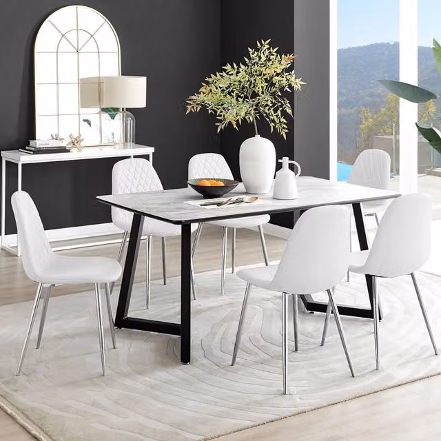 FurnitureboxUK Carson White Marble Effect Dining Table and 6 Corona Silver Chairs – 1