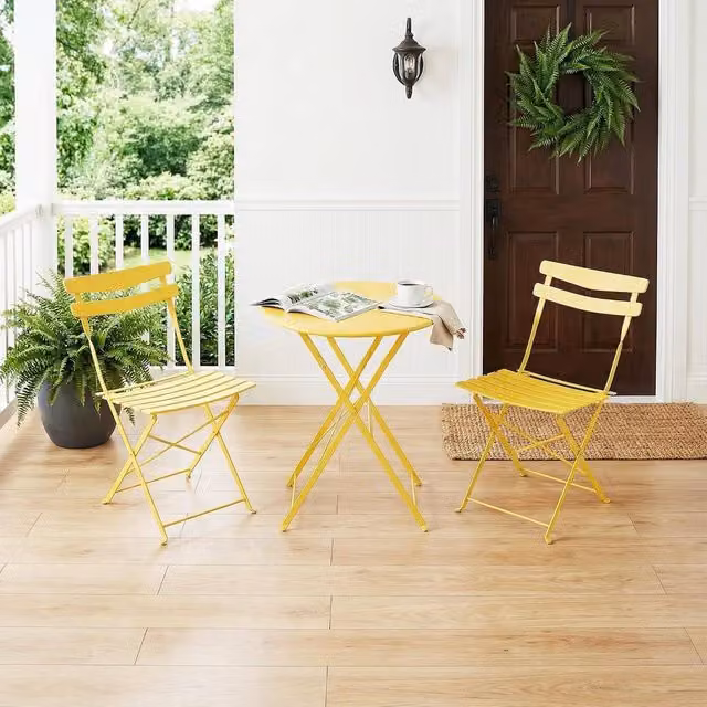 London Boutique 3-Piece Metal Bistro Set with Round Table and 2 Chairs in Yellow