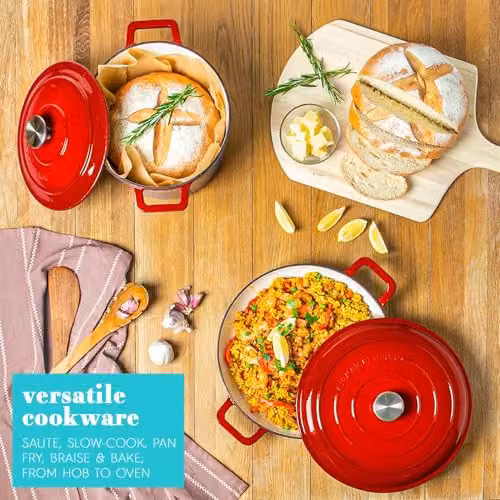 Argon Tableware Oval Enamelled Cast Iron Casserole Dish with Self-Basting Lid, Red, 4.68 l – 4
