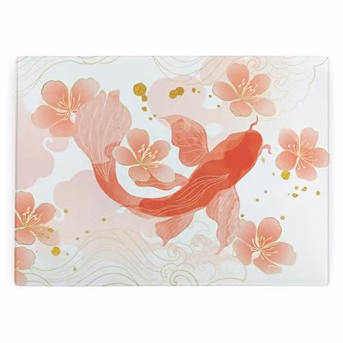 Purely Home Japanese Koi Fish Rectangular Glass Worktop Protector with Non-Slip Feet, Multicolour, W: 39 cm, D: 28.5 cm