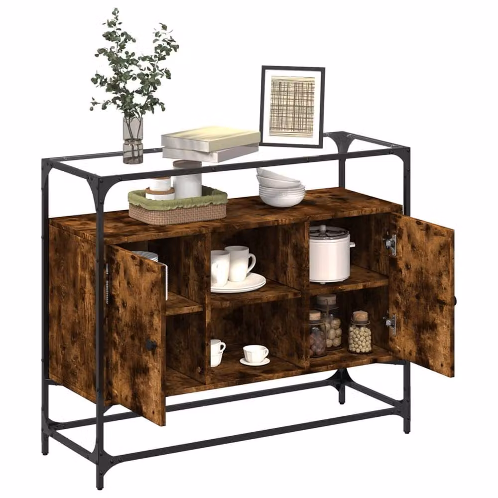 Berkfield Home Sideboard with Glass Top in Smoked Oak Brown, W/D/H: 98 x 35 x 81 cm – 2