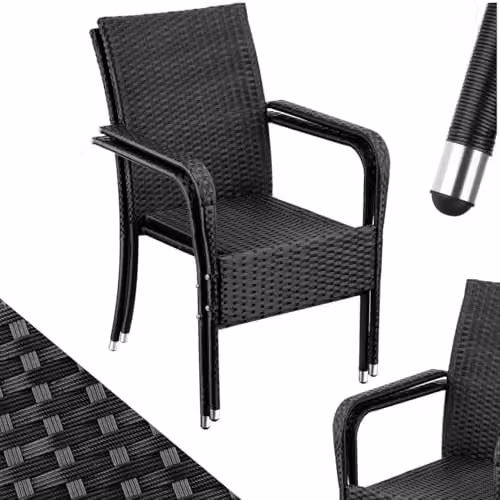 tectake Set of 2 Modern Rattan Garden Chairs in Black and Grey with Metal Frame