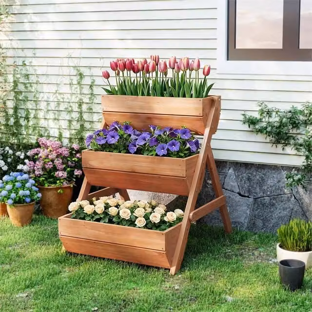 Outsunny Brown 3-Tier Wooden Raised Garden Bed for Vegetables, Herbs and Ornamental Plants