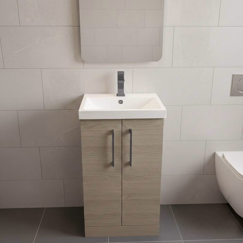 Balterley Modern Bathroom Vanity Unit with Basin and 2 Soft Close Doors in Solace Oak Brown, Width: 50 cm – 2