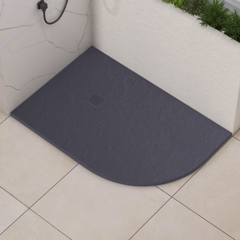 Luxor Offset Quadrant Stone Shower Tray in Grey Slate Effect with Grey Grate, Right Handed, W/D/H: 120 x 80 x 3 cm