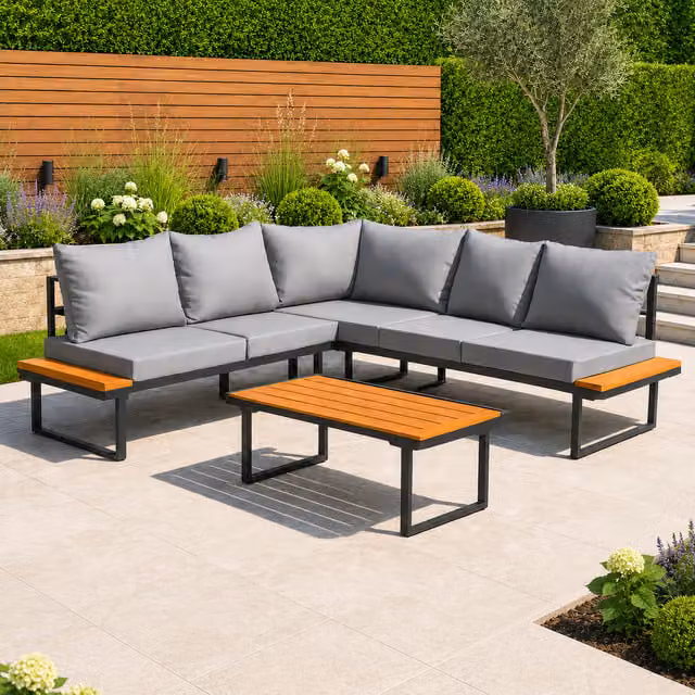 Home Treats Modern L-Shape Corner Garden Furniture Set with Table and Cushions in Black and Grey