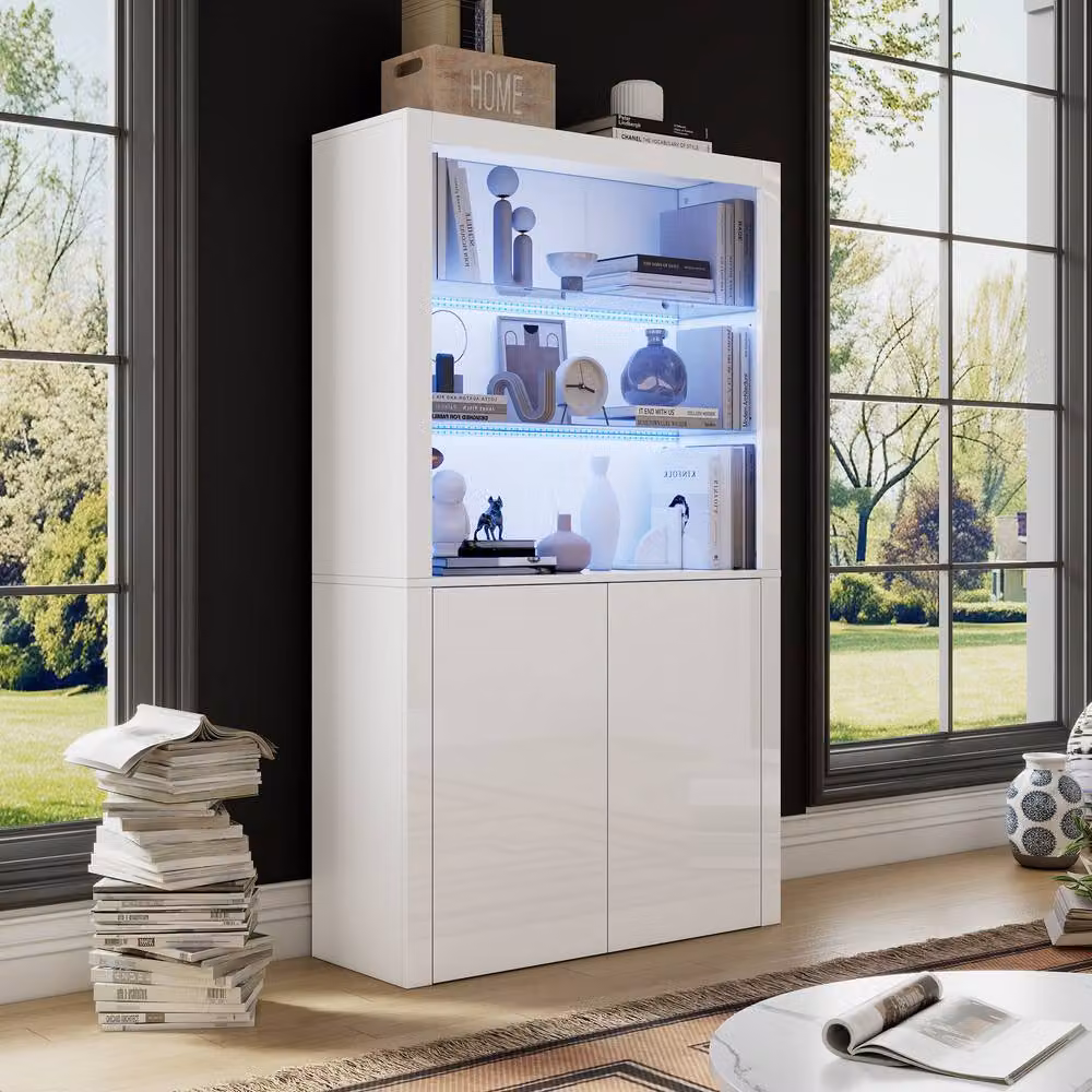 Merax White High Gloss Modern Freestanding Display Cabinet with Glass Doors and Integrated Lighting, H: 170 cm, W: 100 cm, D: 35 cm – 2