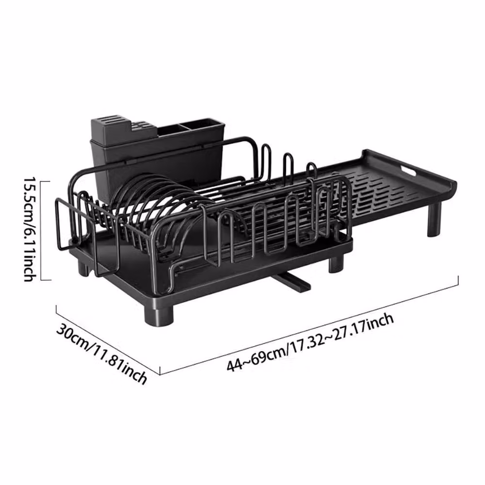 KORVIXA Expandable and Foldable Dish Drainer in Black, W: 30 cm, D: 44-69 cm, H: 15.5 cm – 2