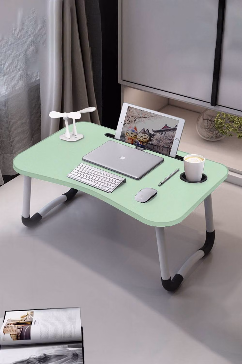 Living and Home Foldable Standing Table and Portable Laptop Bed Desk with USB Charging Port in Green – 3