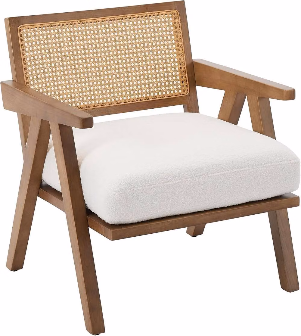 London Boutique Off-White Rattan Accent Armchair with Bouclé Fabric Upholstery and Solid Wood Frame – 3