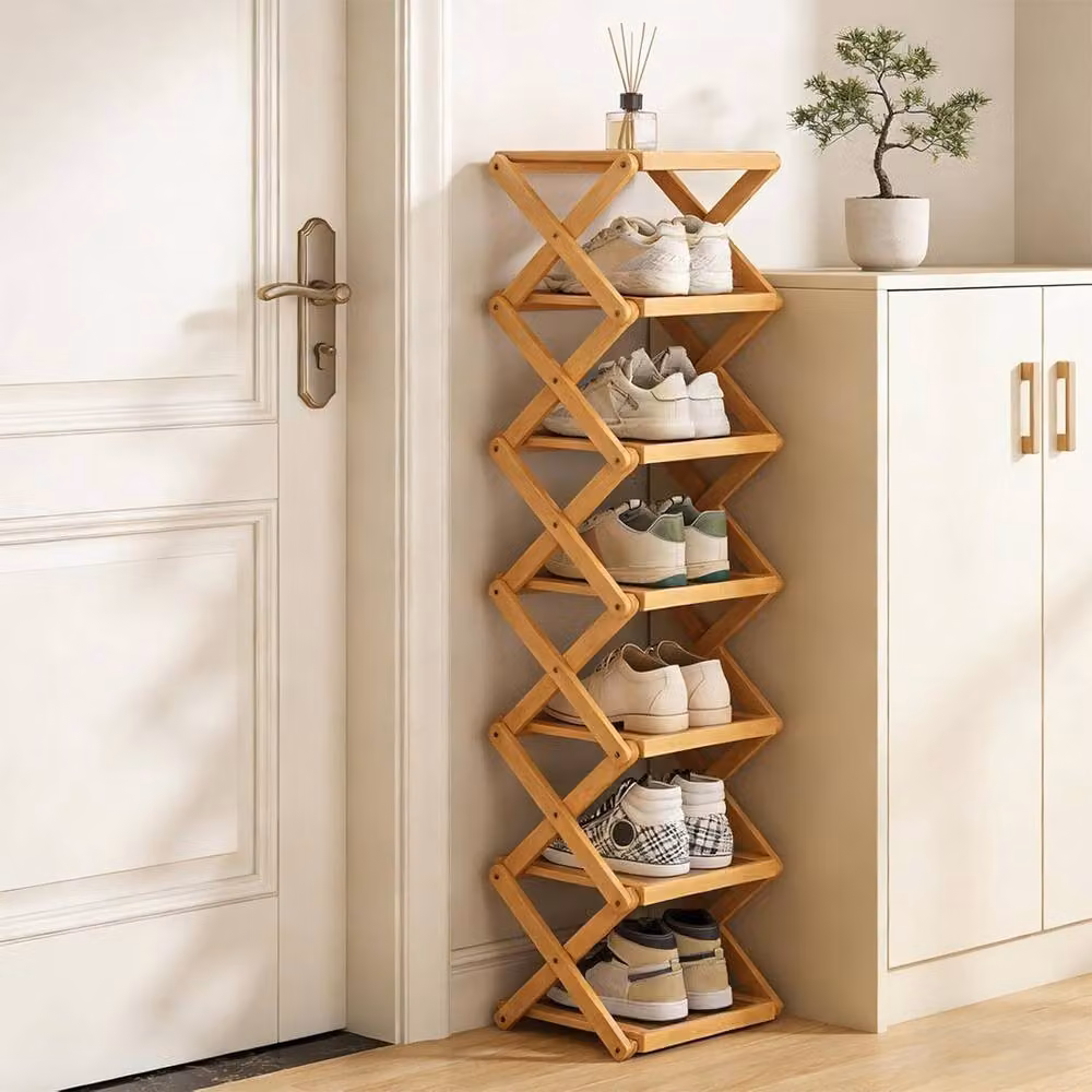 FORGEVIO 7 Tier Vertical Bamboo Folding Shoe Rack Storage Organizer in Brown – 3
