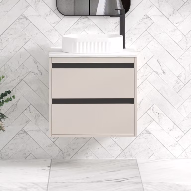 Royal Bathrooms Orion 2 Drawer Wall Hung Vanity Unit in Warm Taupe with Carrara White Stone Top and Black Accent Trim