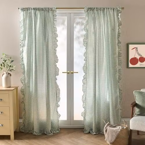 OHS Green Gingham Check Voile Net Curtains, 2 Panels, W: 140 cm, Drop: 220 cm