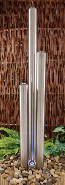 Primrose Stainless Steel 3 Tube Contemporary Water Column Garden Feature in Metallic Silver, Height: 156 cm