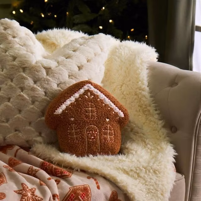 OHS Gingerbread House Christmas Scatter Cushion, Brown Plush Decorative Pillow