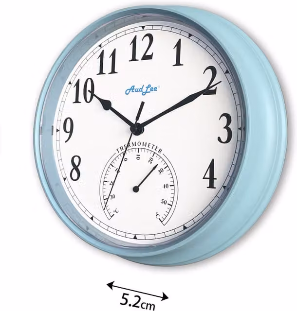 Audlee Round Analog Tub Wall Clock with Thermometer in Pastel Blue and Yellow