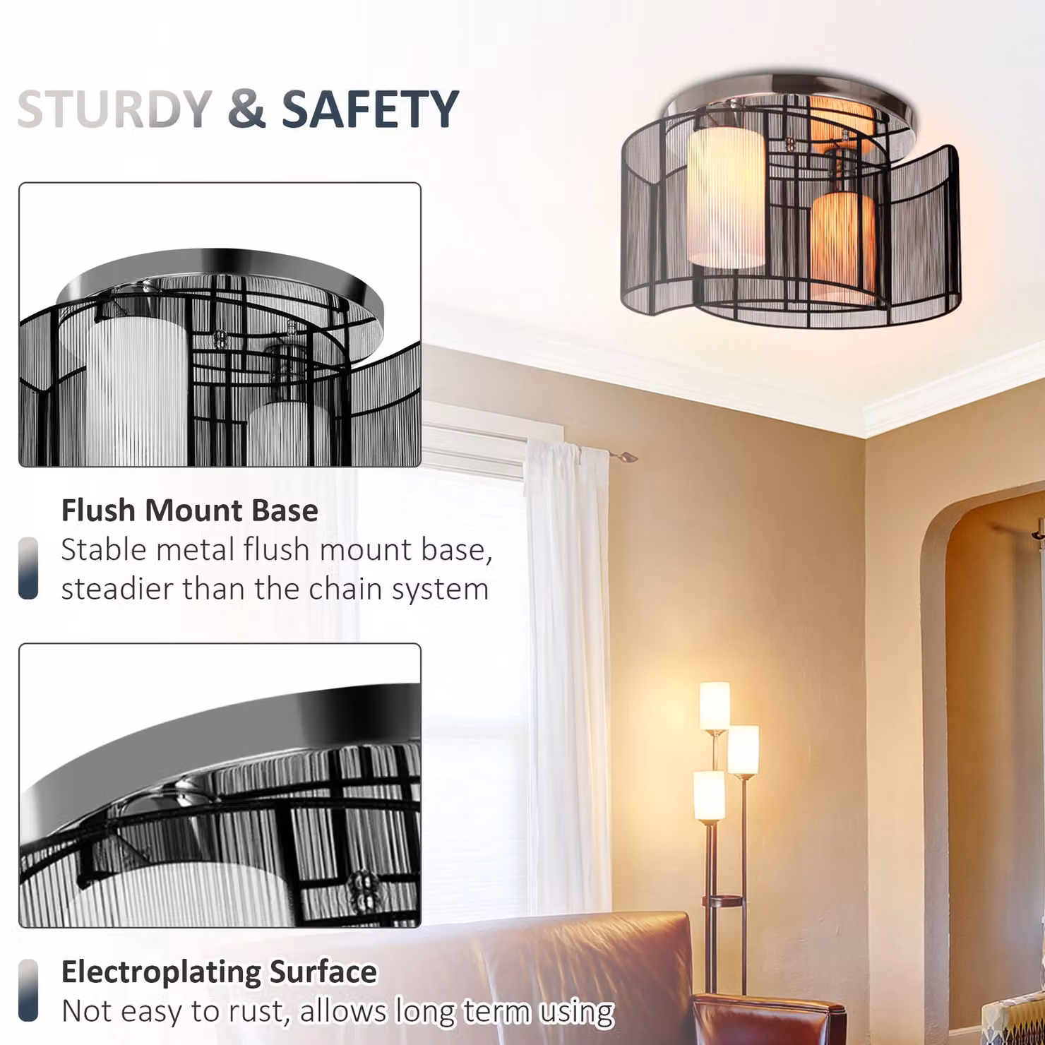 HOMCOM Modern Metal Cylinder Ceiling Lamp in Chrome and Black for Hallway, Dining Room or Living Room – 4