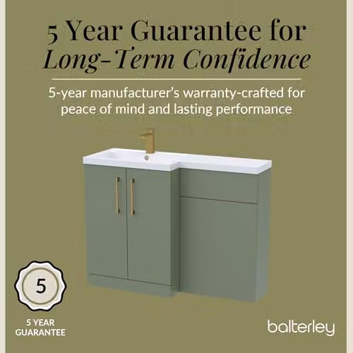 Balterley Green L-Shaped Vanity Unit with L-Shaped Basin, WC Unit and Brushed Brass D Shape Handles, Floor Standing 2 Door Soft Close Bathroom Storage Set – 4