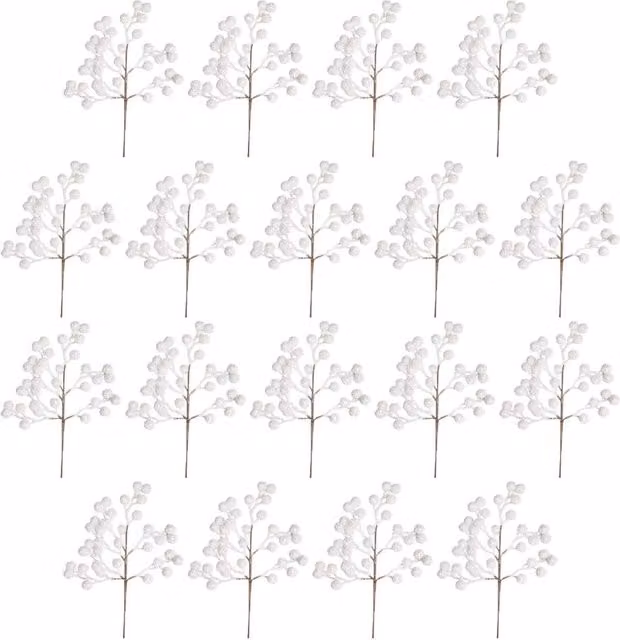 Shatchi 18 Pack Iridescent White Glitter Berry Picks for Christmas and Winter Decor, Height: 45 cm
